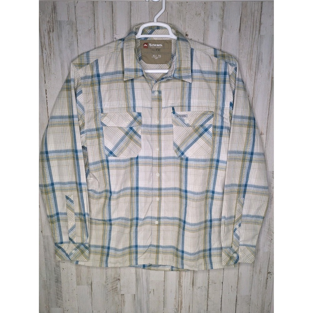 Simms Guide Fishing Shirt Beige Blue Plaid Guide Series Mens XL